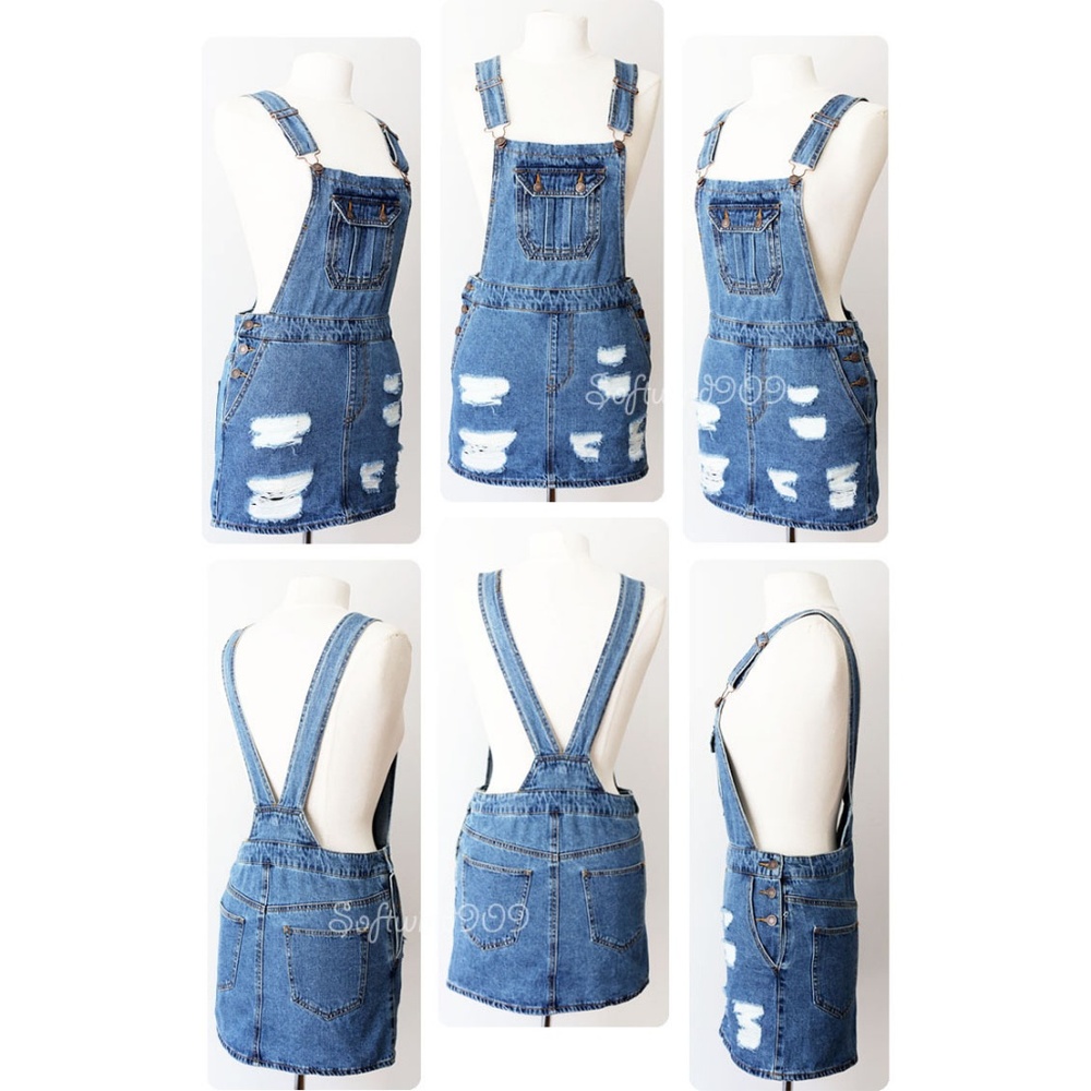 ❌Sold Out ❌Denim Blue Distress Overall Skirt Dress - Picture 7 of 8